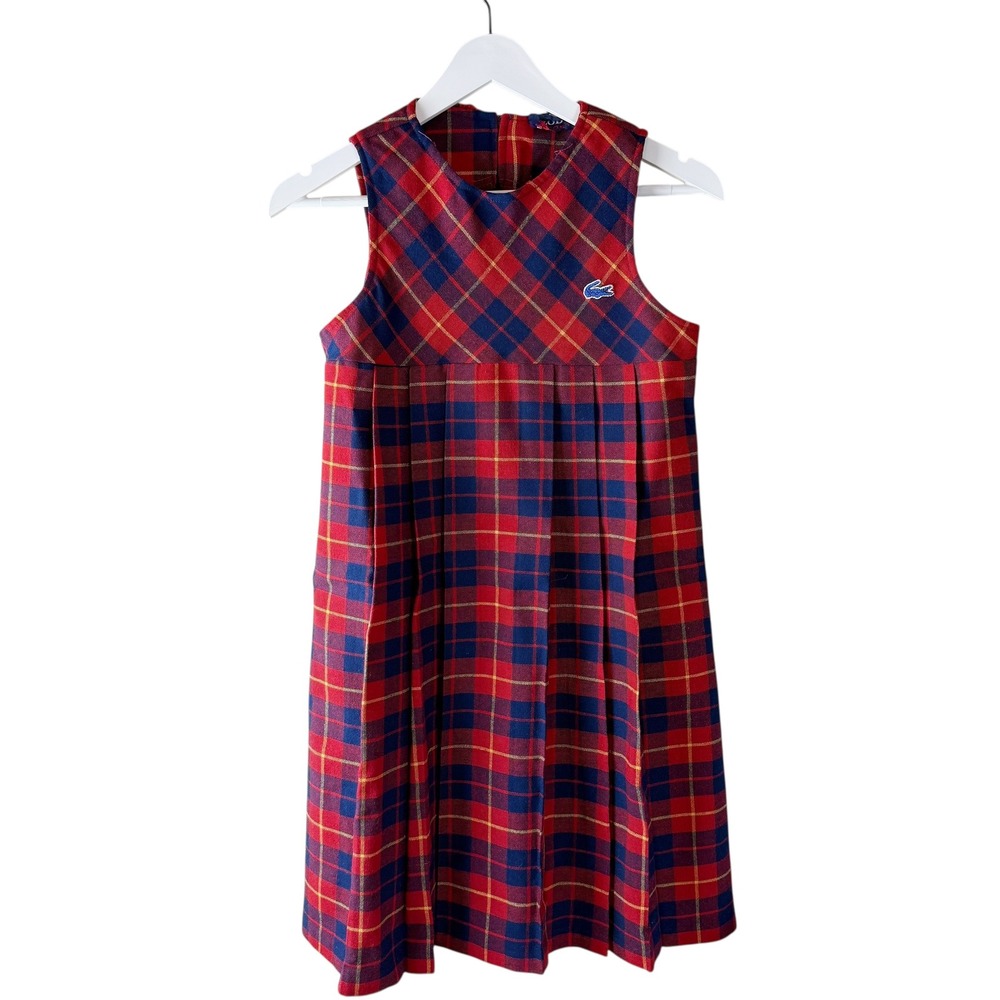 Vintage Izod Lacoste Plaid‎ Pinafore Dress Red Blue Tartan Pleated Sz 14